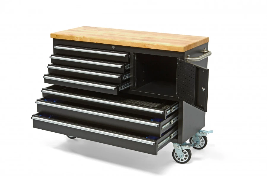 HBM Verrijdbare Gereedschapswagen Met Houten Werkblad - 122 Cm - Zwart - Afbeelding 2