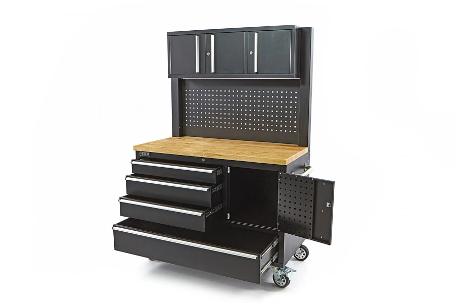 HBM Gereedschapswagen Met Kastenwand, Houten Werkblad, 122 Cm, Zwart - Afbeelding 2