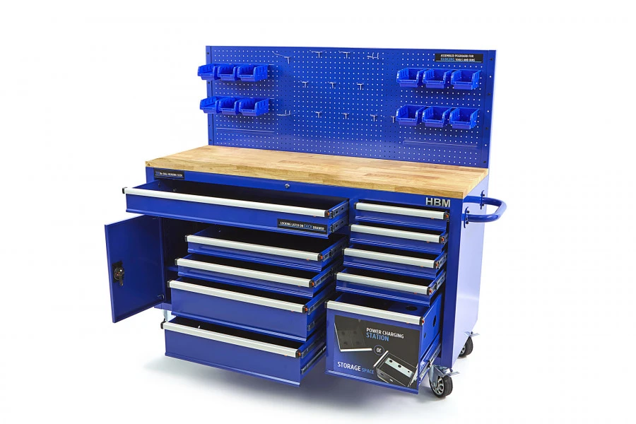 HBM Gereedschapswagen Met Achterwand, Houten Werkblad, 158 Cm, Blauw - Afbeelding 2