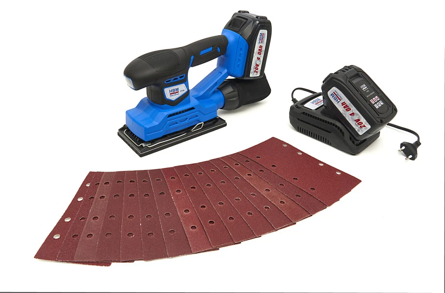 HBM Professionele 20 Volt 4,0AH Lion Vlakschuurmachine Inclusief 2 Lion Accu's En 15 Schuurvellen - Afbeelding 8