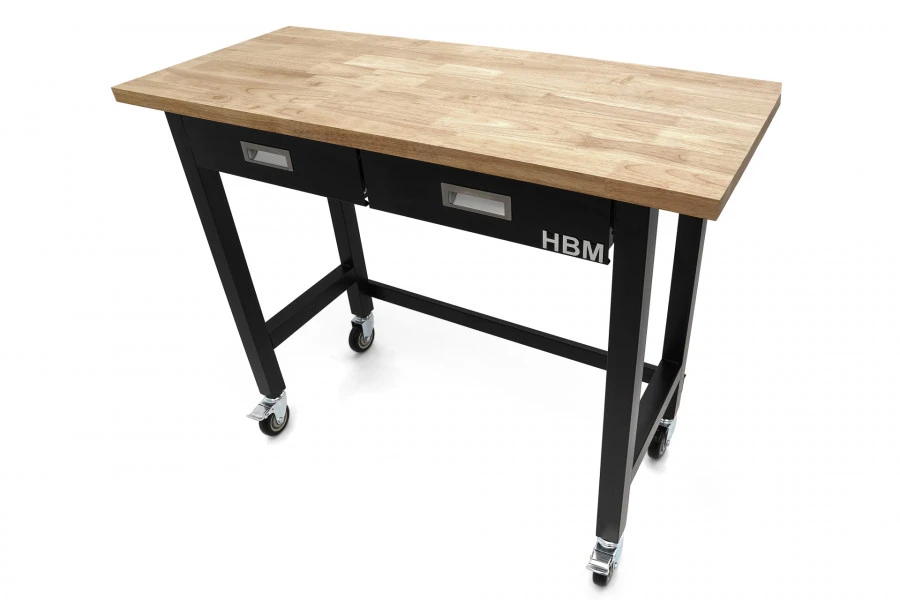 HBM Werkbank Met Massief Houten Blad, 2 Laden, Verrijdbaar, 122 Cm - Afbeelding 2