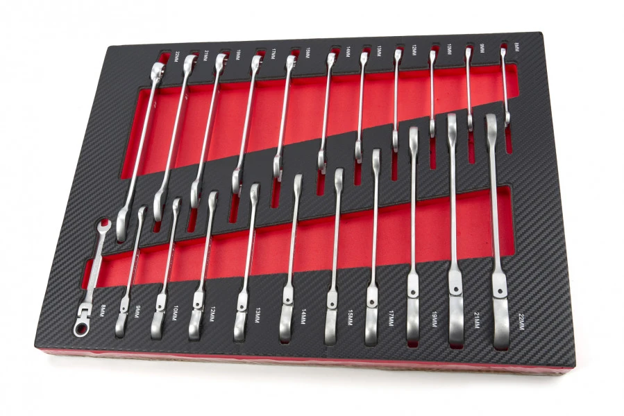 HBM 22 Delige Ring Ratel Steeksleutelset In Carbon Foam Inlay Voor Gereedschapswagen